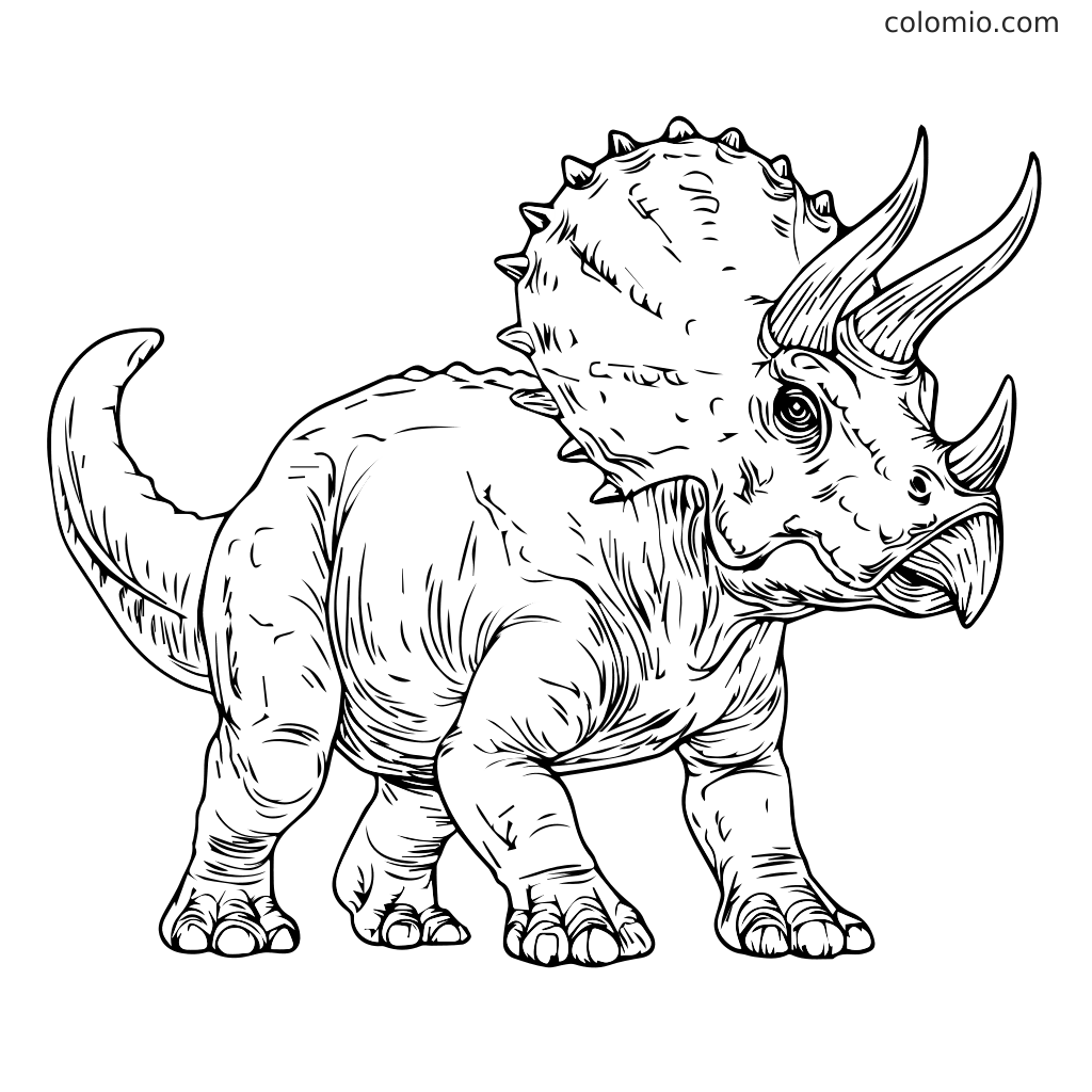 Een gedetailleerde zwart-wit omtrek van een triceratops-dinosaurus, perfect om in te kleuren.