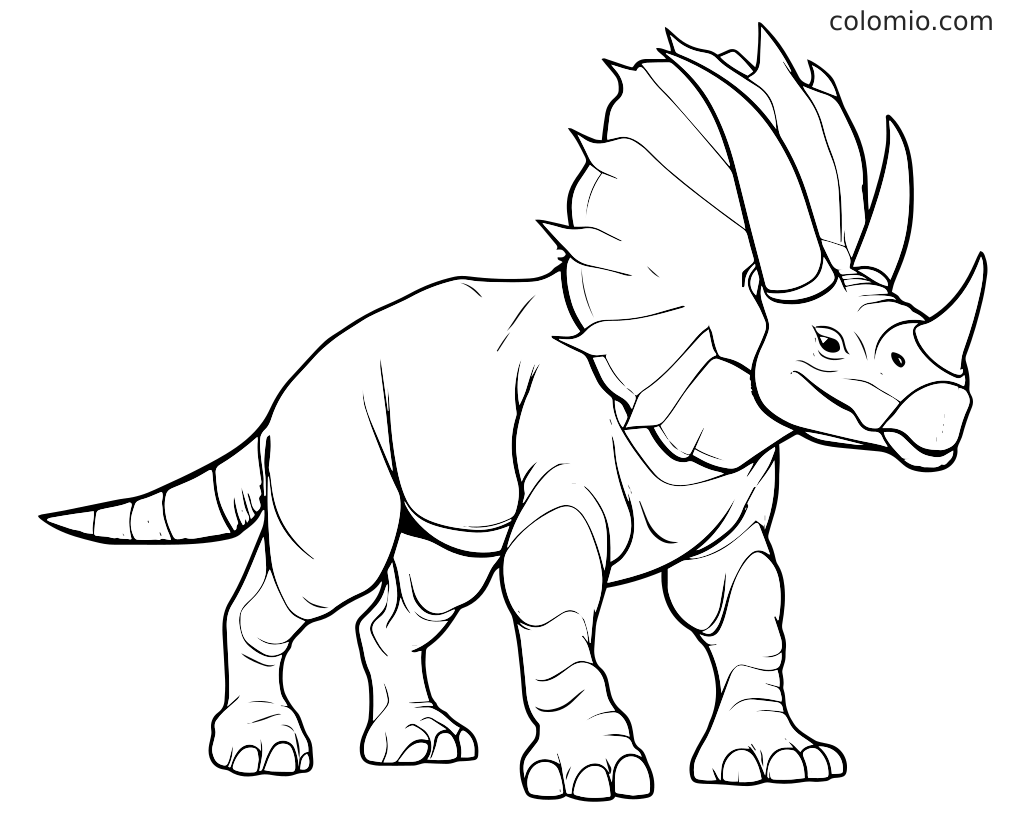 En svartvit kontur av en realistisk Triceratops dinosaur redo för färgläggning.