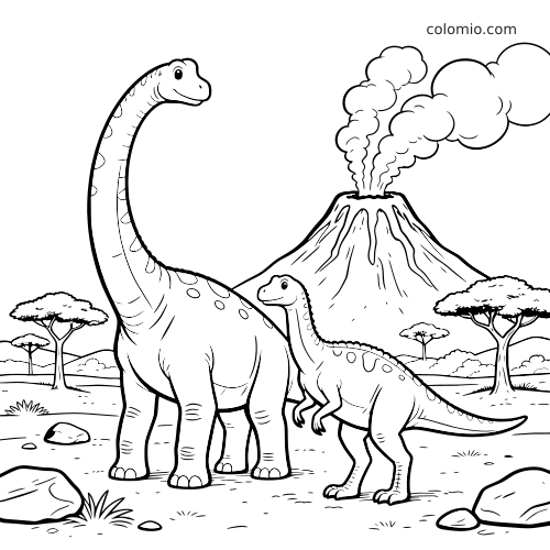 Paesaggio con due dinosauri sauropodi, uno grande dal collo lungo e uno più piccolo, davanti a un vulcano fumante.