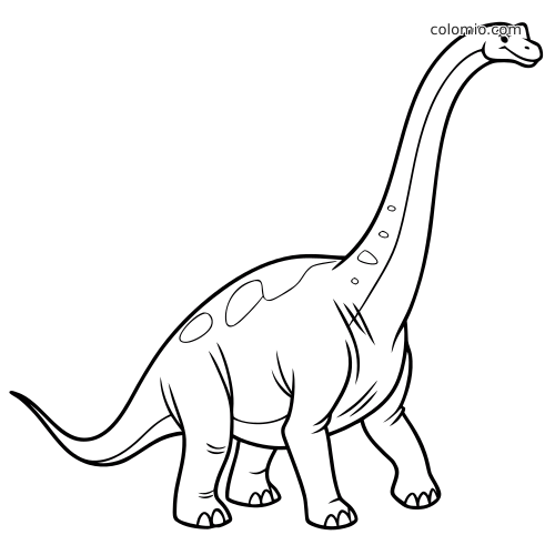 Un brachiosauro in stile cartone animato con collo molto lungo, corpo arrotondato e macchie, raffigurato da solo in bianco e nero.