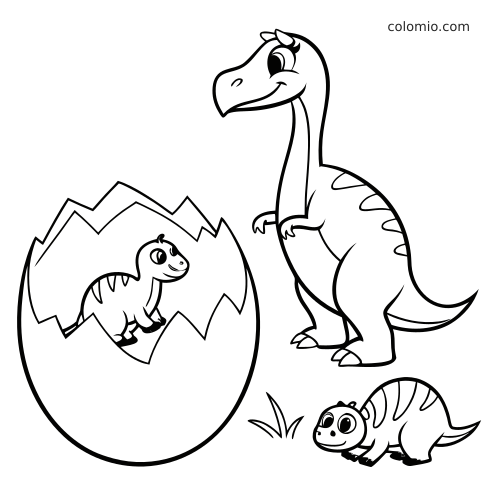 Scena semplice con una mamma dinosauro, un cucciolo che esce da un grande uovo rotto e un altro cucciolo accanto.
