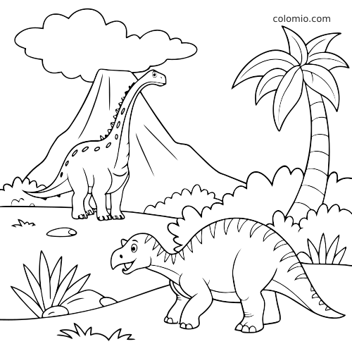 Paesaggio preistorico con due dinosauri, un vulcano fumante, una palma, cespugli e piante sul terreno.