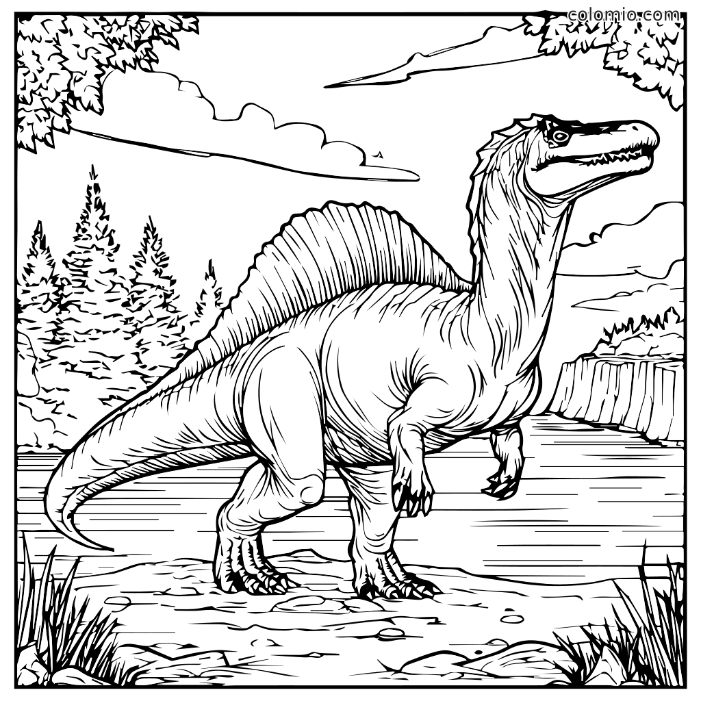 Een gedetailleerde lijntekening van een Spinosaurus die bij een rivier staat, omringd door bomen en rotsen, klaar om in te kleuren.