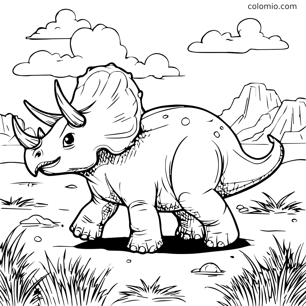 Een zwart-wit kleurplaat met een Triceratops die door een landschap met bergen en wolken loopt.