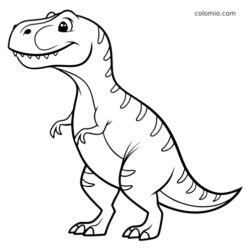 Un tirannosauro rex in stile cartoon, in piedi e sorridente, con braccia piccole e semplici strisce sul corpo.