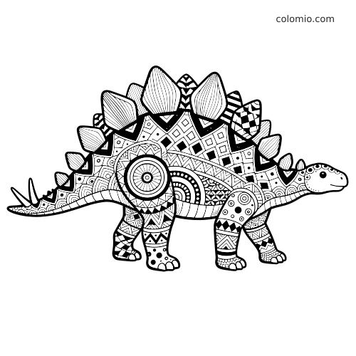 Stegosauro in bianco e nero in stile zentangle, con placche dorsali decorate e motivi geometrici dettagliati su tutto il corpo.