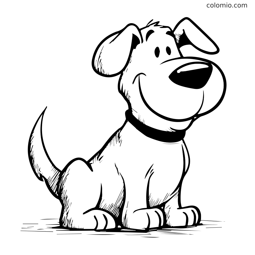 A friendly cartoon dog with a big smile, sitting down and looking happy, perfect for coloring.