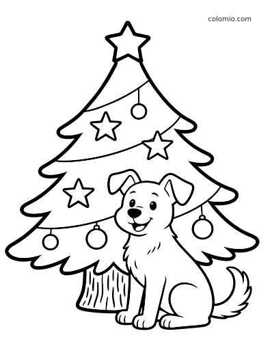 Um cachorro em estilo cartoon está sentado sob uma árvore de Natal decorada com estrelas e bolas, em contornos pretos grossos.