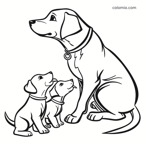 Desenho em linhas de uma cadela sentada com coleira e dois filhotes sentados bem ao lado dela.