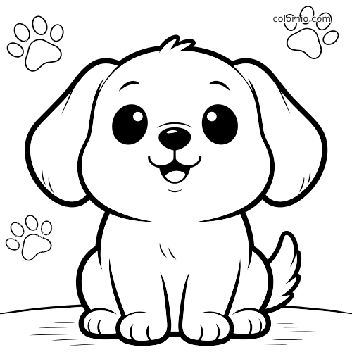 Um cachorro kawaii sentado de frente, com olhos grandes, orelhas caídas e pequenas patinhas ao redor em traço simples.