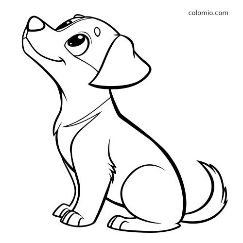 Um cachorrinho kawaii simples visto de lado, sentado, com orelha caída, olho grande e cauda curvada.