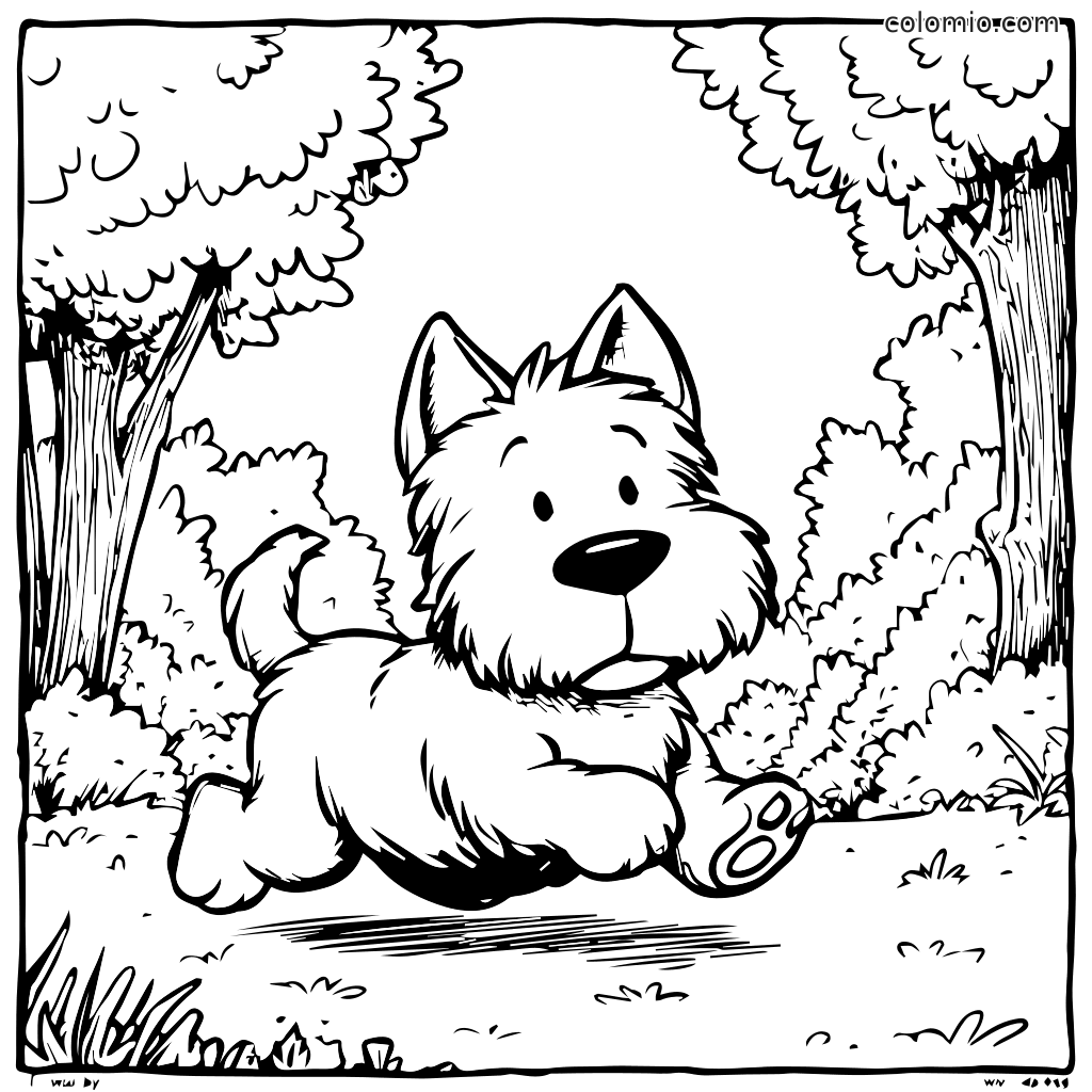 Słodki pies biegnący radośnie przez park otoczony drzewami, gotowy do kolorowania.