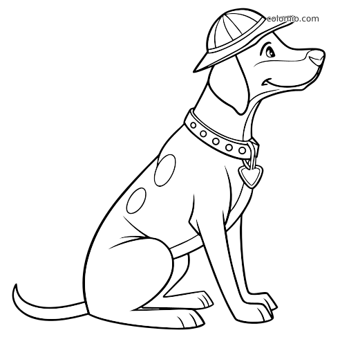 Um cão farejador policial em estilo cartoon, sentado de perfil, usando chapéu e coleira com medalha.