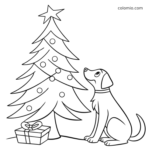 Desenho de linhas simples de um cachorro sentado olhando para uma árvore de Natal decorada, com estrela no topo e presente ao lado.
