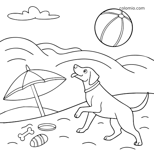 Desenho de um cachorro na praia olhando para uma bola, com guarda-sol, osso de brinquedo, concha e dunas ao fundo.