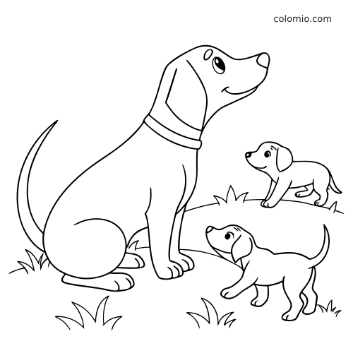 Desenho de linha simples de uma cadela sentada na grama com dois filhotes de cachorro por perto.