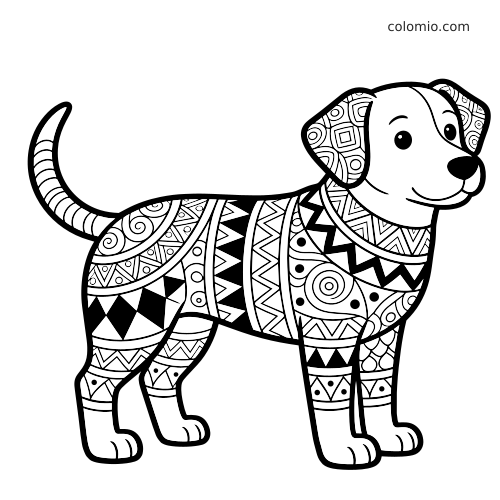Cachorro em preto e branco com rosto sorridente e padrões zentangle no corpo, nas orelhas, nas pernas e na cauda.
