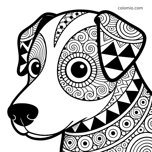 Retrato aproximado de um cachorro em preto e branco, preenchido com padrões zentangle, espirais, círculos e formas geométricas.