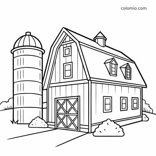 Dessin au trait en noir et blanc d’une grange simple avec un grand silo, des fenêtres et des buissons, dans un style cartoon épuré.