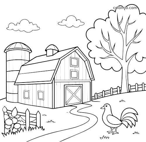 Scène de ferme simple avec une grange, un silo, un grand arbre, des clôtures, des nuages et un coq dans la cour.