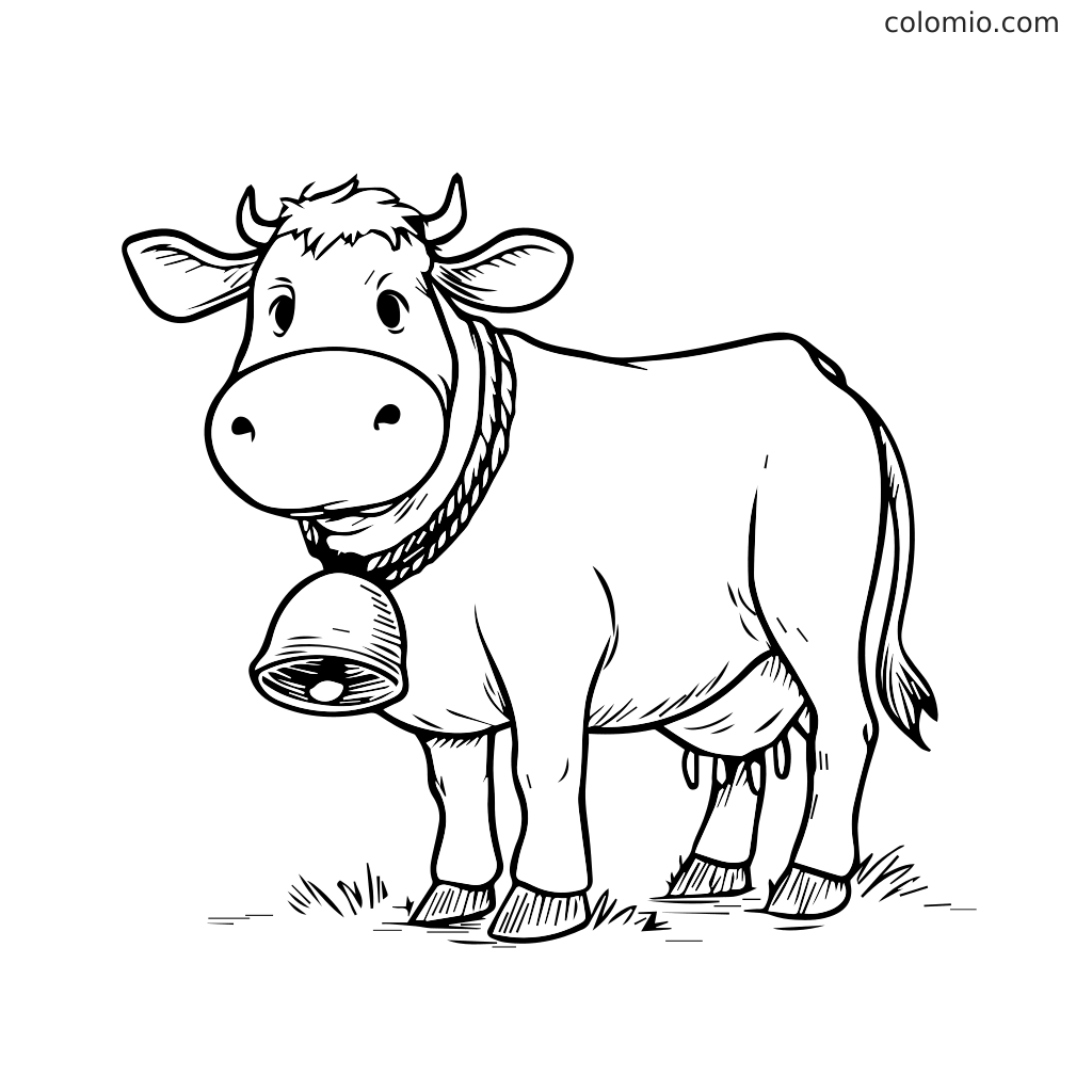 A cartoon cow with a bell around its neck standing on grass, ready for coloring.