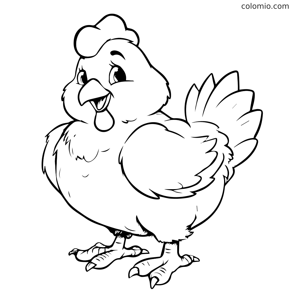 A cartoon chicken with a cheerful expression, ready for coloring. Perfect for children's activities.