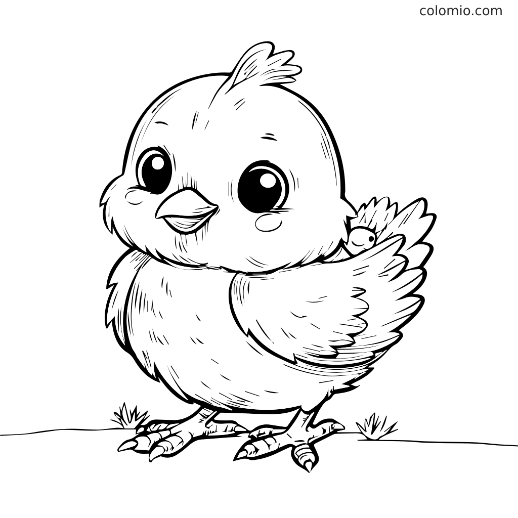 En söt tecknad kyckling med stora ögon och fluffiga fjädrar, redo att färgläggas.