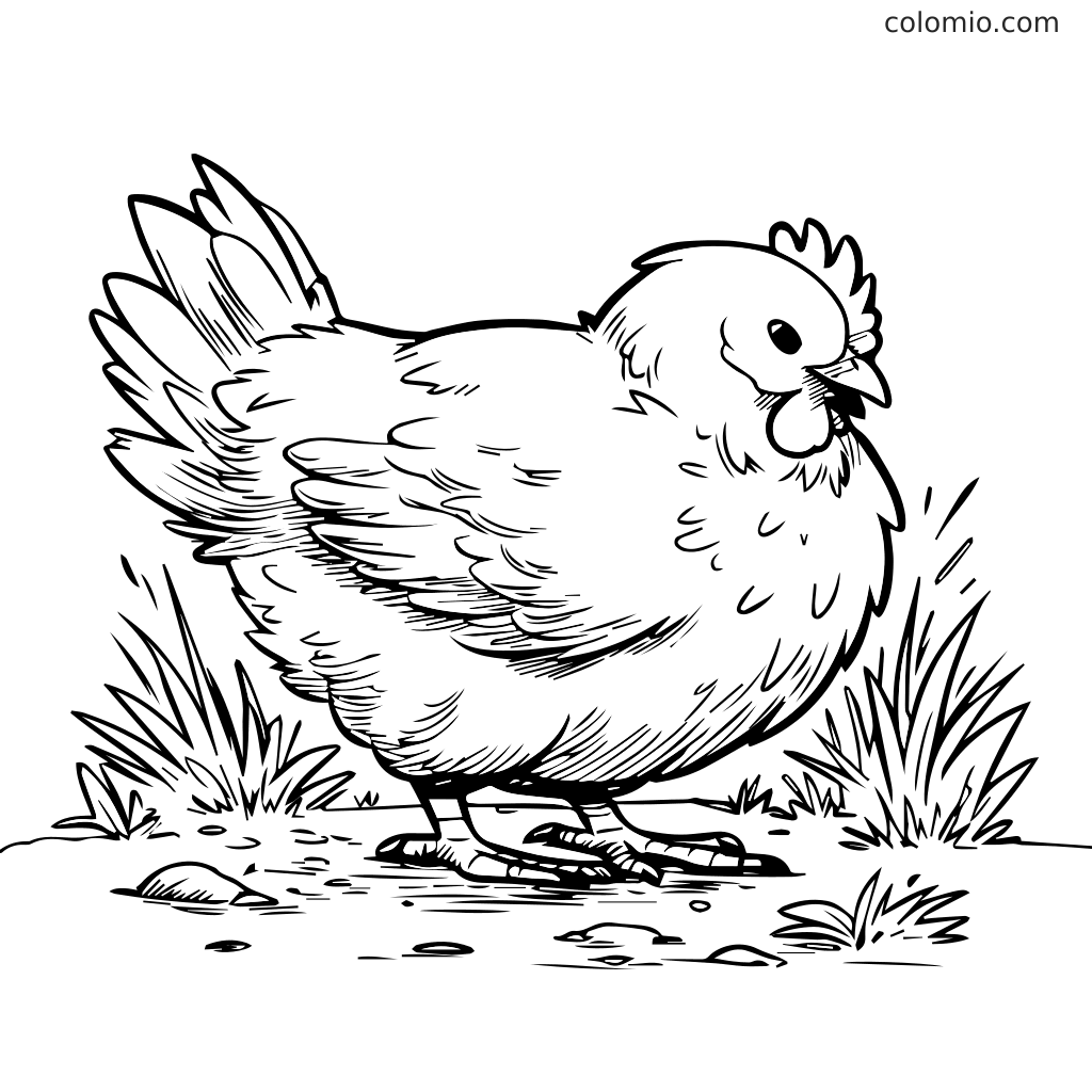 En svart-hvitt kontur av en søt kylling som står på gress, perfekt for fargelegging.