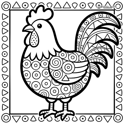 Svartvit målarbild av en tupp i zentangle-stil med cirkelmönster på kroppen, lager av stjärtfjädrar och geometrisk ram.