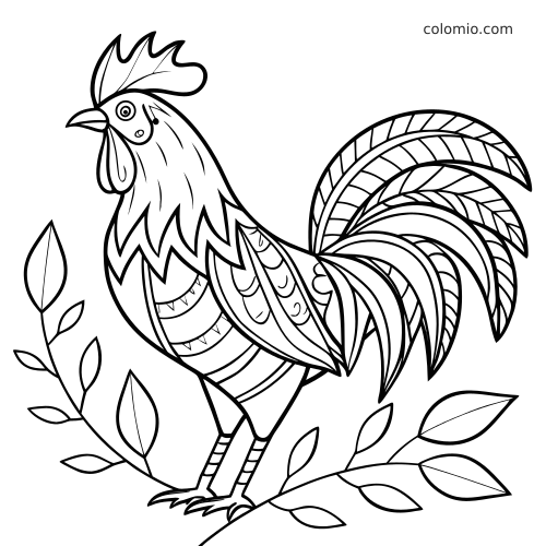 Svartvit zentangle-tupp som står bland blad och grenar, med mönstrade fjädrar och en stor dekorativ stjärt.