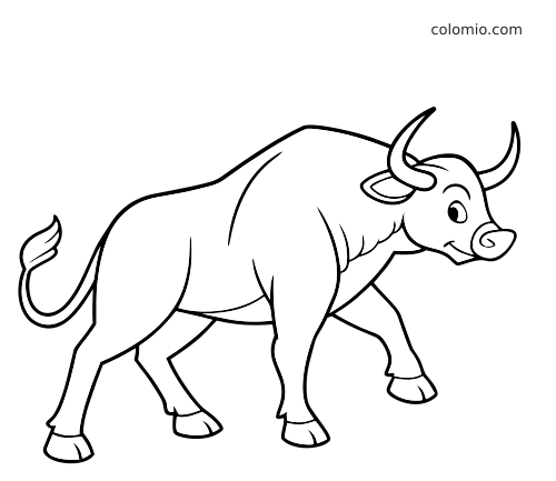 En tyr i tegneseriestil med buede horn vist gående fra siden, tegnet med enkle, tydelige streger til farvelægning.