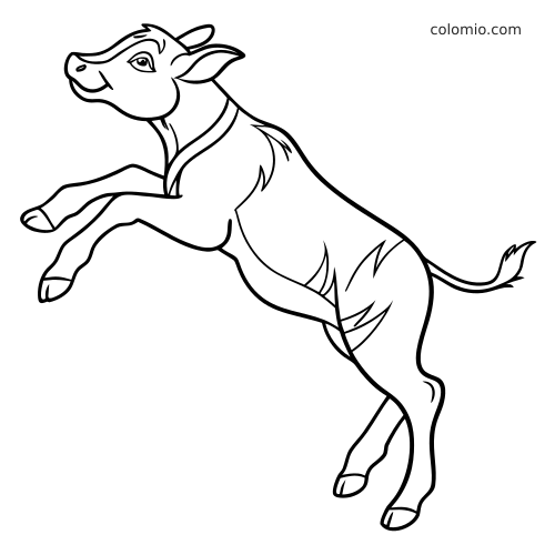 En enkel stregtegning af en springende kalv set fra siden med rene linjer og få detaljer.