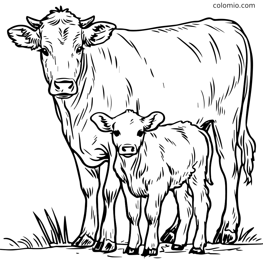 En linjeteckning av en ko och hennes kalv som står tillsammans i ett gräsområde, perfekt för färgläggning.
