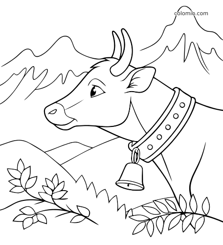 Sort-hvid malebogsside med en alpeko i profil med klokke om halsen, omgivet af bjerge og bladplanter.