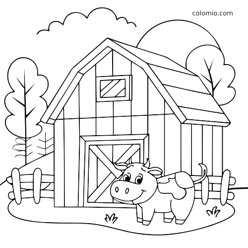 En tegnet gårdscene med en smilende ko foran en lade samt træer, hegn og sol i baggrunden.