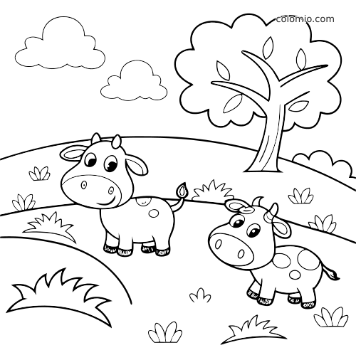 To tegneseriekøer står på en græsmark med store øjne, et træ, små planter og skyer på himlen.