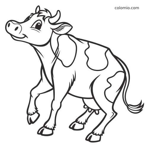 En tegneserieagtig Holstein-ko med store øjne, løftet forben og tydelige pletter går fremad.