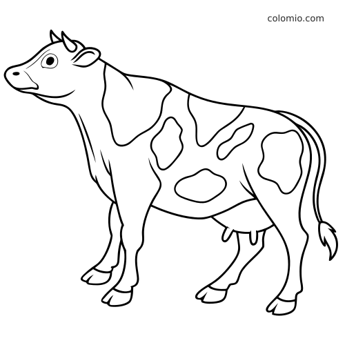 En enkel Holstein-ko set fra siden med store pletter, rene omrids og en rolig stående positur til farvelægning.