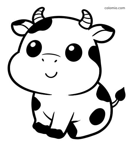 En enkel kawaii-ko med rund krop, lille smil, stribede horn og frontvendt positur i kraftige sorte konturer.