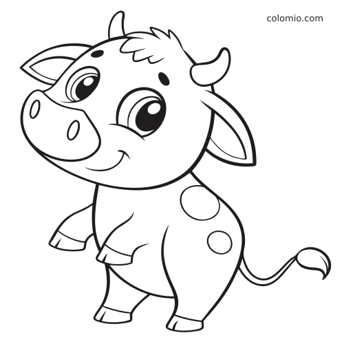 En kawaii ko med store skinnende øjne, små horn, pletter og stående positur set fra siden i enkel stregtegning.