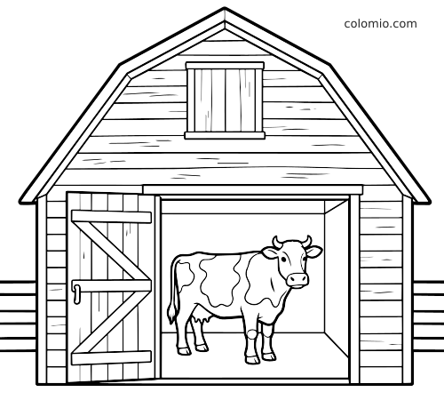 En enkel sort-hvid tegning af en lade set forfra med åben dør og en ko, der står inde i stalden.