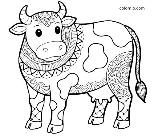 En ko set forfra med store øjne, pletter og detaljerede zentangle- og mandalamønstre på hoved og krop.