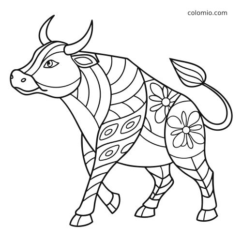 En ko set fra siden med zentangle-mønstre og store blomster på kroppen i en ren sort-hvid stregtegning.