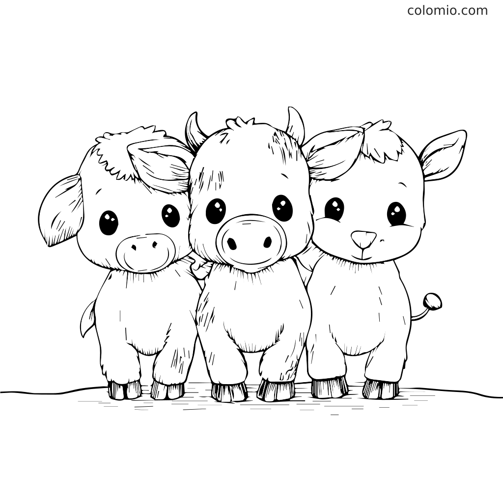 Drie schattige cartoon boerderijdieren staan samen, perfect om in te kleuren.