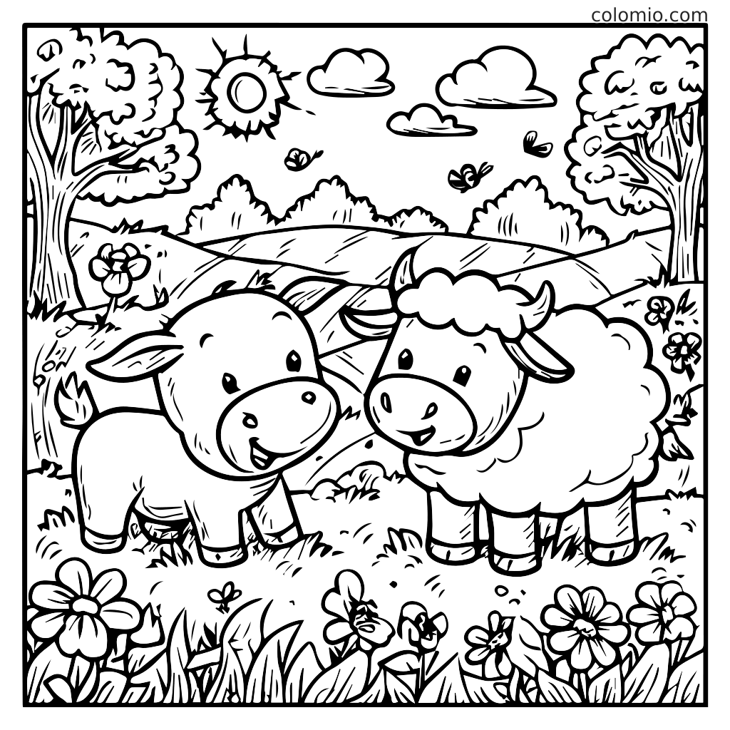 A coloring page featuring a happy cow and sheep in a sunny farm setting with flowers and trees.