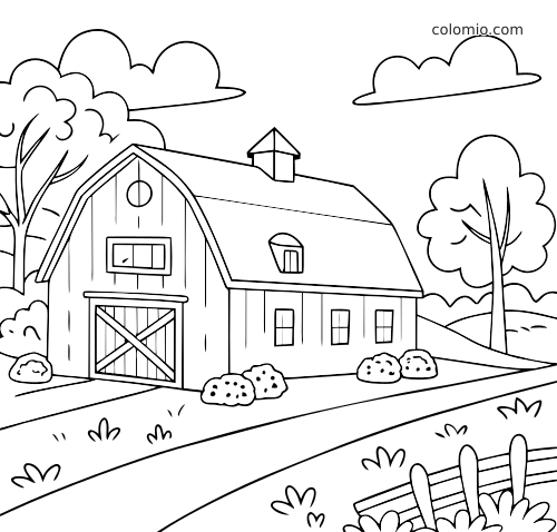 Page de coloriage en noir et blanc montrant une grange de ferme dans un paysage simple avec arbres, nuages, buissons et clôture.