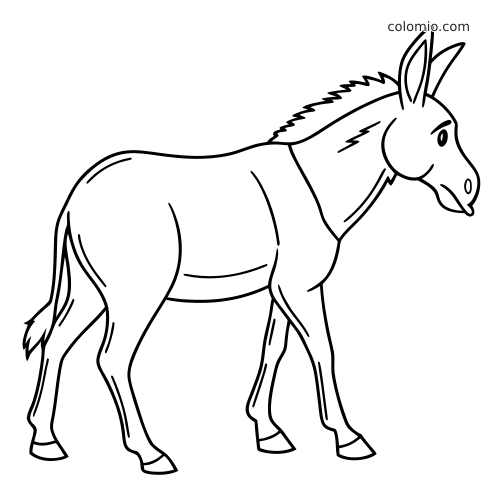 Dessin au trait simple d’un âne debout vu de profil, avec des lignes nettes et une expression calme.