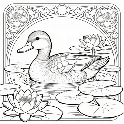 En and flyter bland näckrosblad och blommande näckrosor, inramad av en sirlig jugendram i svartvitt. En and flyter bland näckrosblad och blommande näckrosor, inramad av en sirlig jugendram i svartvitt.