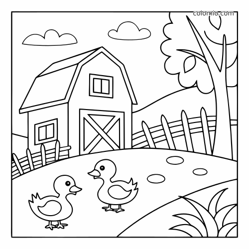 Page de coloriage représentant une scène de ferme simple avec deux canards devant une grange, une clôture, un arbre, des nuages et des collines.