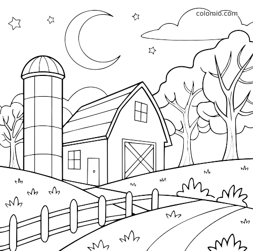 Scène de ferme en noir et blanc la nuit, avec une grange, un silo, des arbres, des étoiles et un croissant de lune.